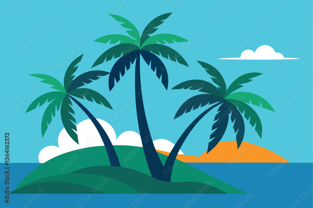 Obraz premium Tropical Paradise: A vibrant and inviting illustration showcasing a tropical island scene with palm trees, the sun setting over the horizon, evoking feelings of relaxation and escape.