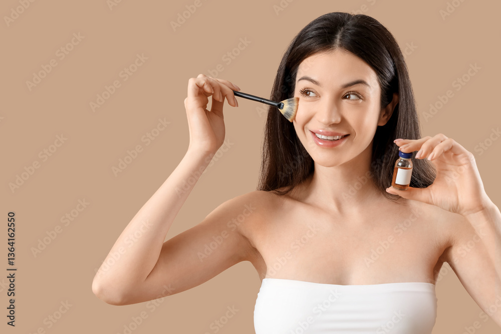 Beautiful young woman with ampoule and brush on beige background Beautiful young woman with ampoule and brush on beige background