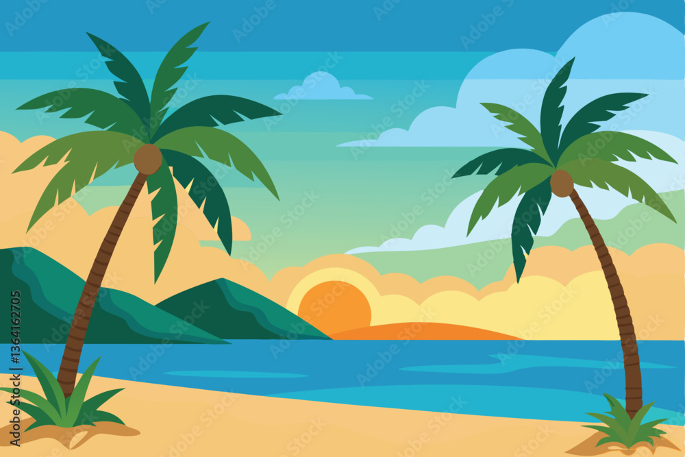 Paradise tropical beach with palm trees, ocean waves, and clear blue sky Paradise tropical beach with palm trees, ocean waves, and clear blue sky