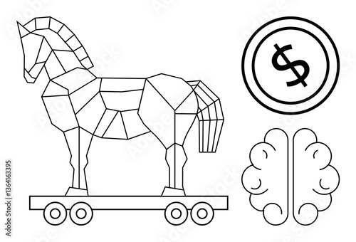 Geometric Trojan horse on wheels, brain symbol, and dollar coin. Ideal for strategy, finance, creativity, intellect, deception planning and innovation. Flat simple metaphor