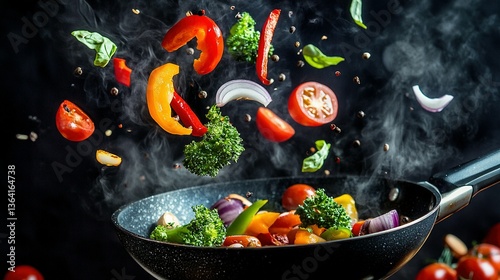 Vegetables are being tossed in a frying pan while cooking