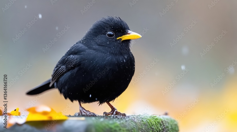 Obraz premium Blackbird perched on stone in winter
