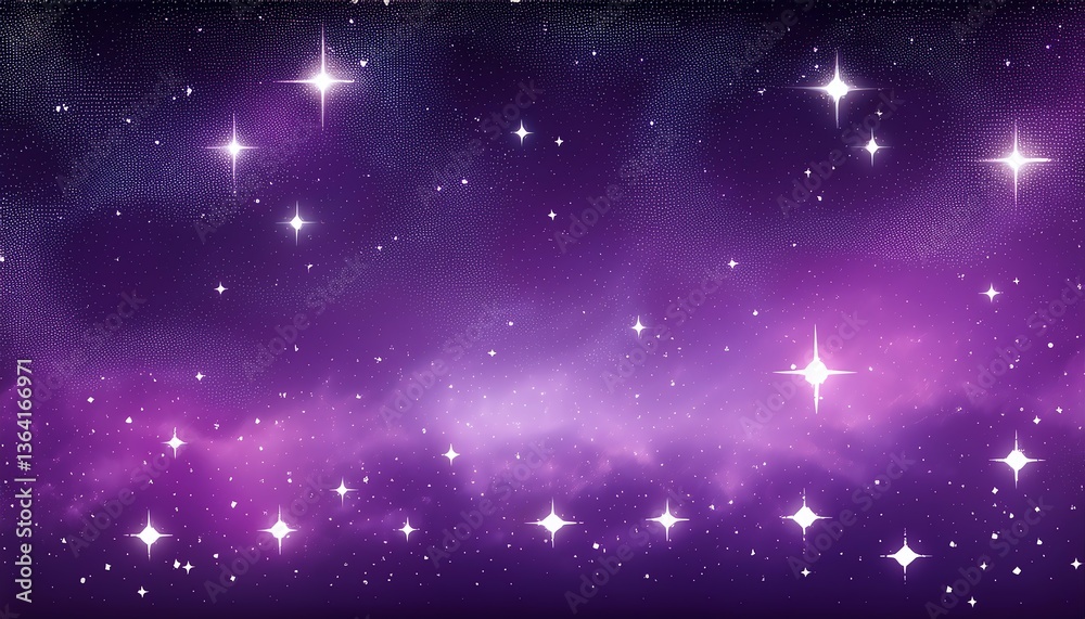 A vibrant cosmic scene featuring a purple and black starry sky with shining stars and wisps of nebulae. A vibrant cosmic scene featuring a purple and black starry sky with shining stars and wisps of nebulae.