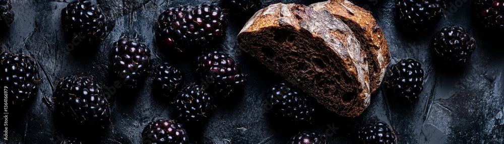 Fototapeta premium Brown Bread Slice Surrounded by Fresh Blackberries on Dark Surface