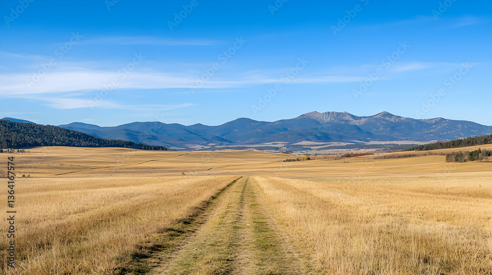 Obraz premium Expansive Golden Wheat Field Under Bright Blue Sky with Distant Mountain Range and Dirt Path in Sunlight