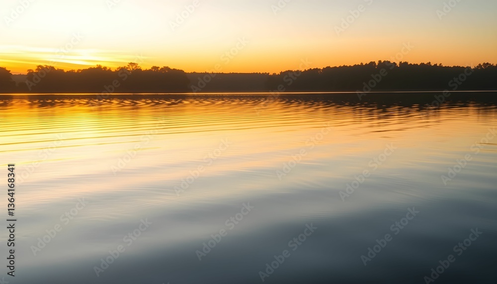 Naklejka premium Golden Sunrise Reflections on Serene Lake Waters