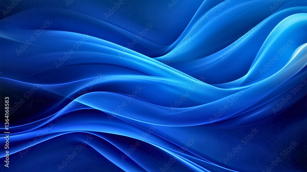 Fototapeta premium The image showcases an abstract wave-like pattern in shades of blue, flowing smoothly across the composition. The translucent, silky textures create a sense of depth and movement, resembling flowing f