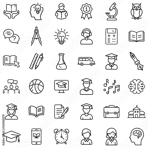 Education and Learning Icons Set – Academic Tools, Student Life, Online Classes, Knowledge Development, Science, Creativity, School Elements, Achievement, Research, and Study