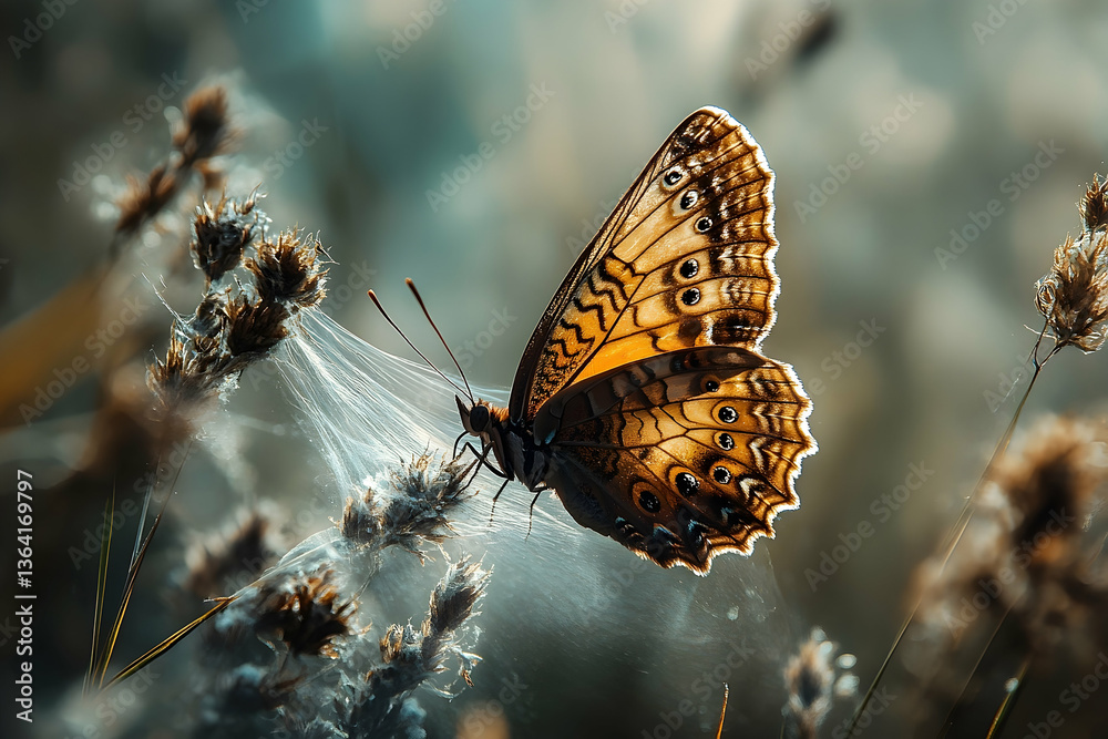 Obraz premium Captivating close-up of a beautiful butterfly resting on a delicate plant