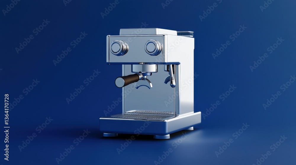 A high-tech espresso machine with a chrome finish, set against a deep blue backdrop.