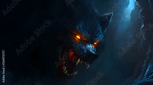 A werewolf with a bloodied snout and glowing orange eyes, emerging from the depths of a dark cave.