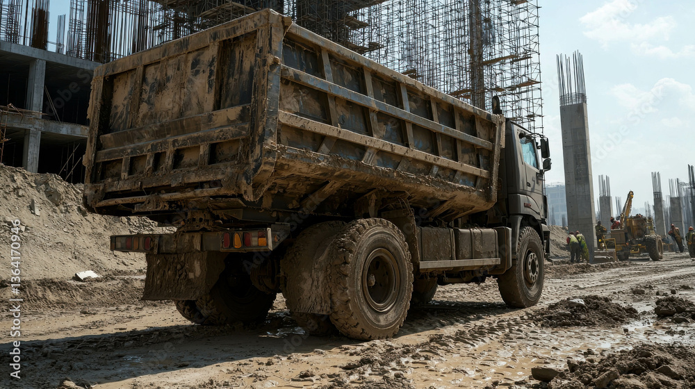 Obraz premium Heavy Dirt-Loaded Truck Navigates Muddy Construction Site Under Clear Blue Sky