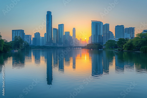 A stunning golden hour city skyline with modern skyscrapers reflecting on a tranquil river.