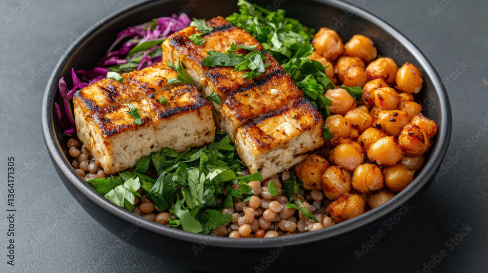 Grilled tofu served with chickpeas, greens, and colorful vegetables creates vibrant meal Grilled tofu served with chickpeas, greens, and colorful vegetables creates vibrant meal