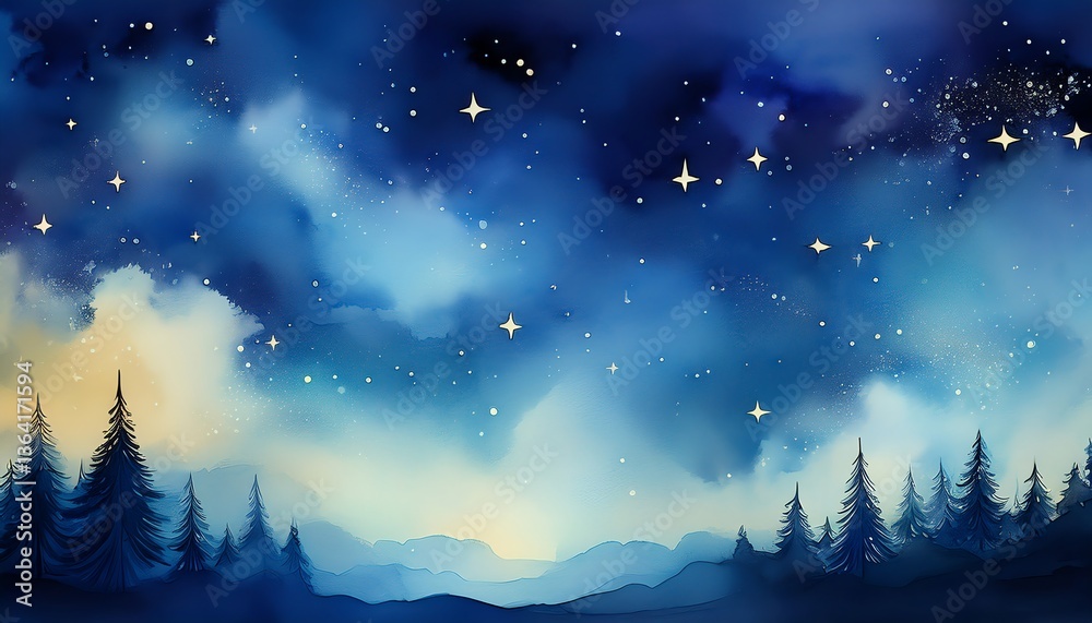 Fototapeta premium A tranquil night scene featuring a starry sky above silhouetted pine trees against a gradient of blue and soft cloud patterns.