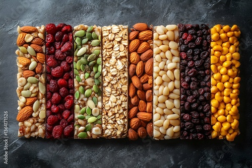 Energy granola bars with different seeds, nuts and dried fruits and berries on a white background, photo
