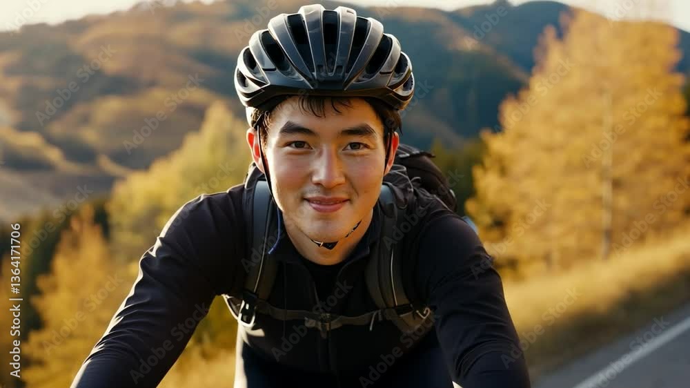 Portrait of Cyclist: A close-up portrait captures a determined cyclist in a helmet, set against a backdrop of a scenic road winding through colorful autumn mountains.