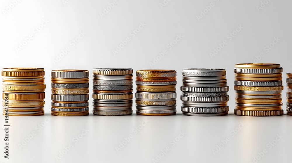 Stacks of Gold, Silver, and Bronze Coins, Stacks of gold, silver, and bronze coins arranged in rows on a white background Stacks of Gold, Silver, and Bronze Coins, Stacks of gold, silver, and bronze coins arranged in rows on a white background