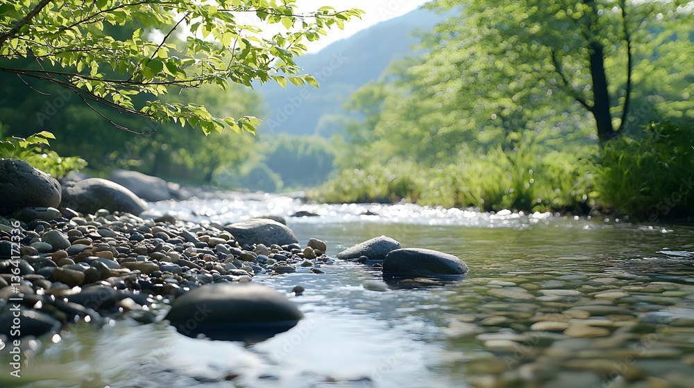 Fototapeta premium Sunlit Stream Flowing Through Forest With Clear Water Over Rocks Reflecting Lush Green Vegetation