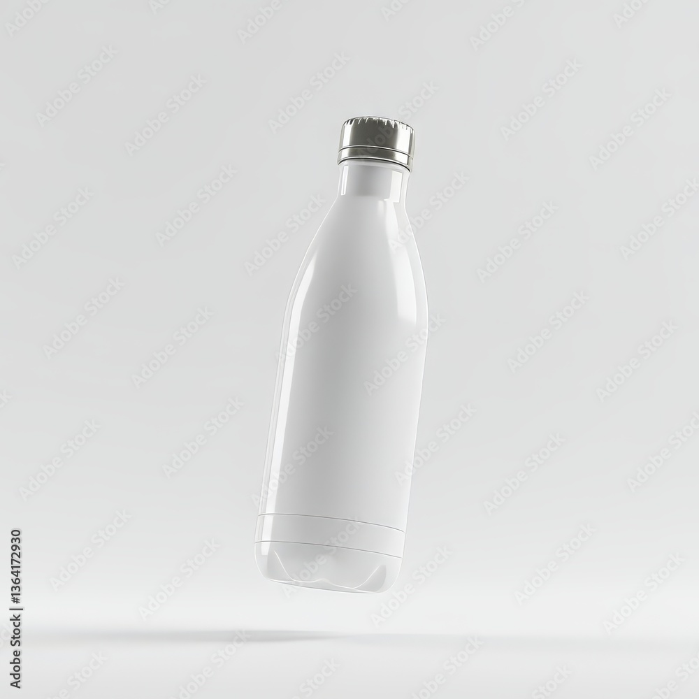 Floating White Water Bottle with Silver Cap on a White Background Floating White Water Bottle with Silver Cap on a White Background