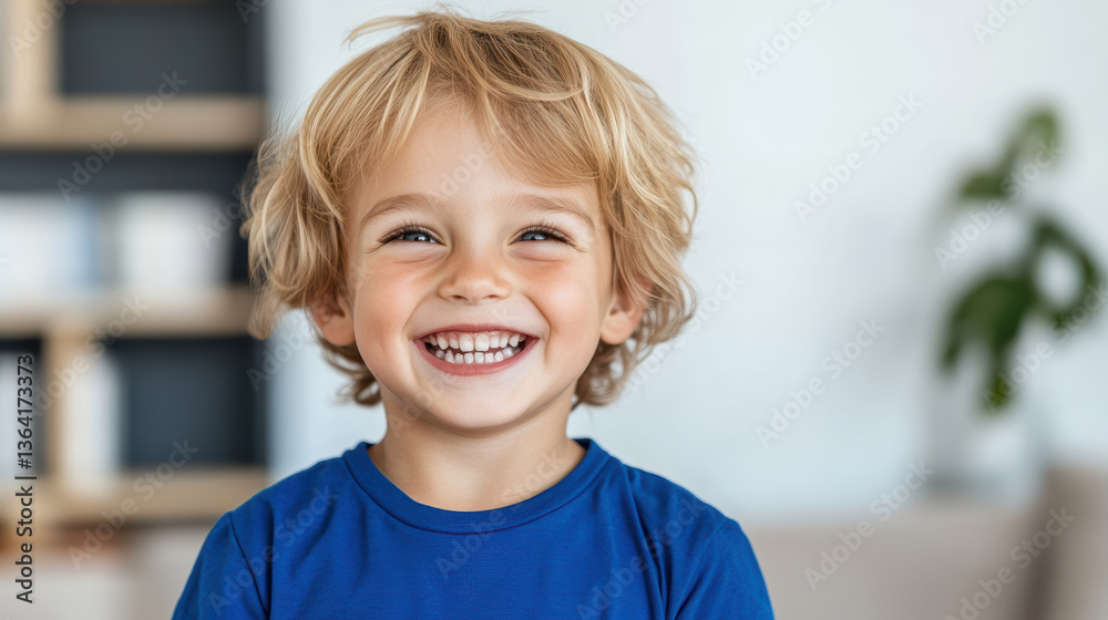 joyful child with curly blonde hair smiles brightly, radiating happiness in cozy indoor setting joyful child with curly blonde hair smiles brightly, radiating happiness in cozy indoor setting