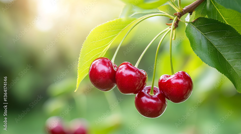 Fresh cherries hanging from branch, surrounded by vibrant green leaves, create delightful and inviting scene. sunlight enhances rich red color of cherries, evoking sense of freshness and summer Fresh cherries hanging from branch, surrounded by vibrant green leaves, create delightful and inviting scene. sunlight enhances rich red color of cherries, evoking sense of freshness and summer