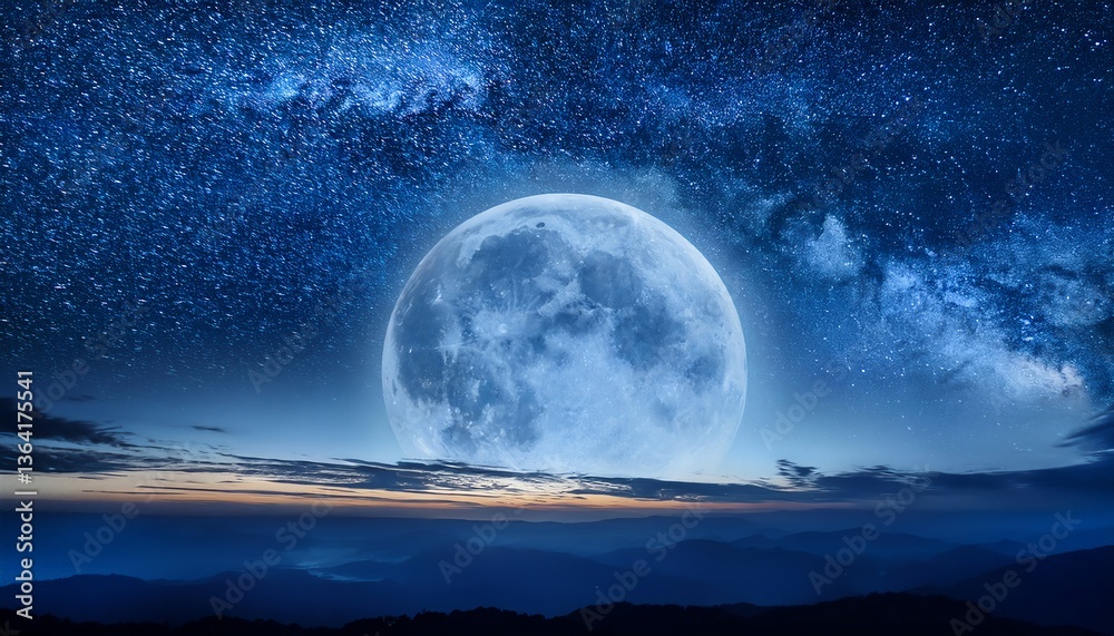 Fototapeta premium A breathtaking night sky showcases a luminous full moon surrounded by a starry backdrop, illuminating the dark silhouette of distant mountains.
