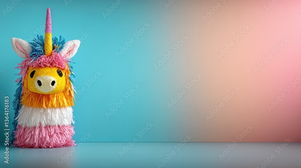 Fototapeta premium Piñata : blindfolded child swinging, festive decorations surrounding, happy piñata filled with treats, colorful atmosphere, joyous party guests, Mexican custom, April 18th, lively celebration.