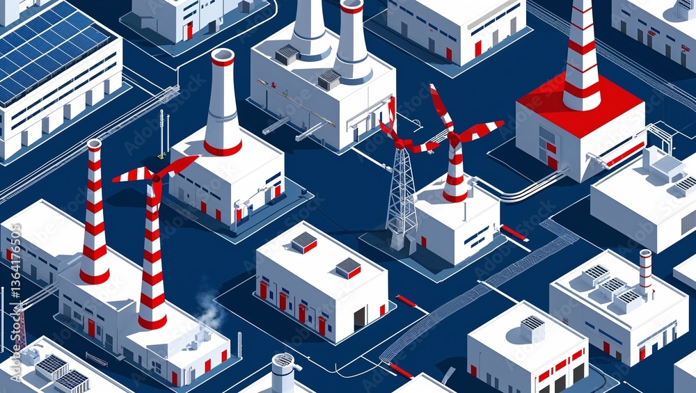 3D isometric of renewable energy power plants on a blue background, showcasing various energy sources and industrial building and architecture 3D isometric of renewable energy power plants on a blue background, showcasing various energy sources and industrial building and architecture
