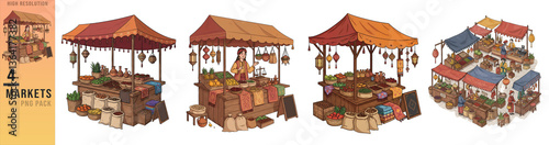 Set of Colorful Medieval Marketplace with Food Stalls and Merchants