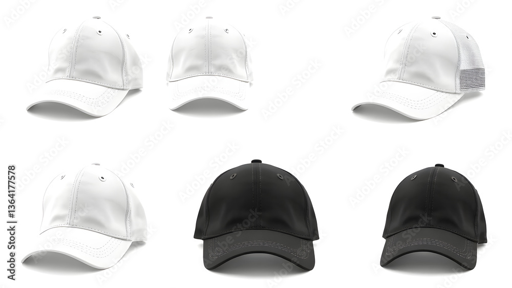 Baseball cap white and black templates, front views isolated on white background. Mock up. Baseball cap white and black templates, front views isolated on white background. Mock up.