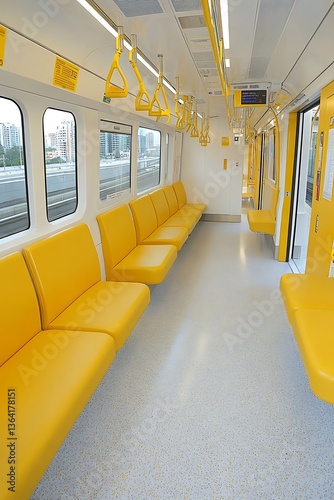 Inside a clean and modern public transit vehicle interior