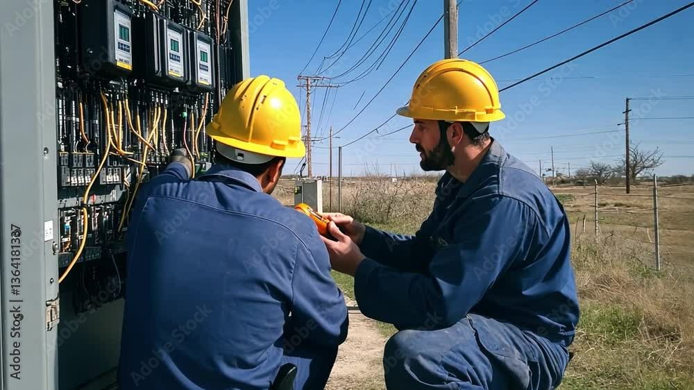 Electricians at Work: Two skilled electricians in safety gear collaborate on the intricate wiring of a power distribution unit, highlighting the essential work that keeps modern life powered.