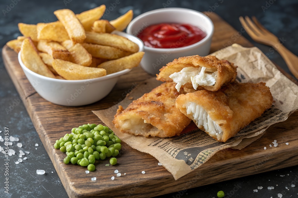 Crispy Fish and Chips with Mushy Peas and Ketchup A Classic British Meal Crispy Fish and Chips with Mushy Peas and Ketchup A Classic British Meal