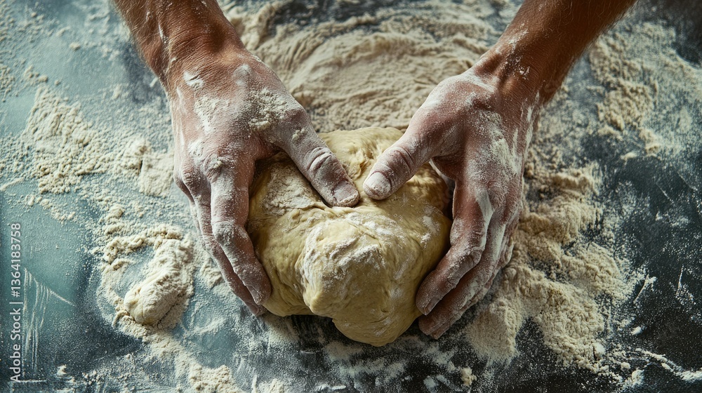 Fototapeta premium Flour-dusted hands shaping dough, capturing the art of bread-making on a neutral grey surface