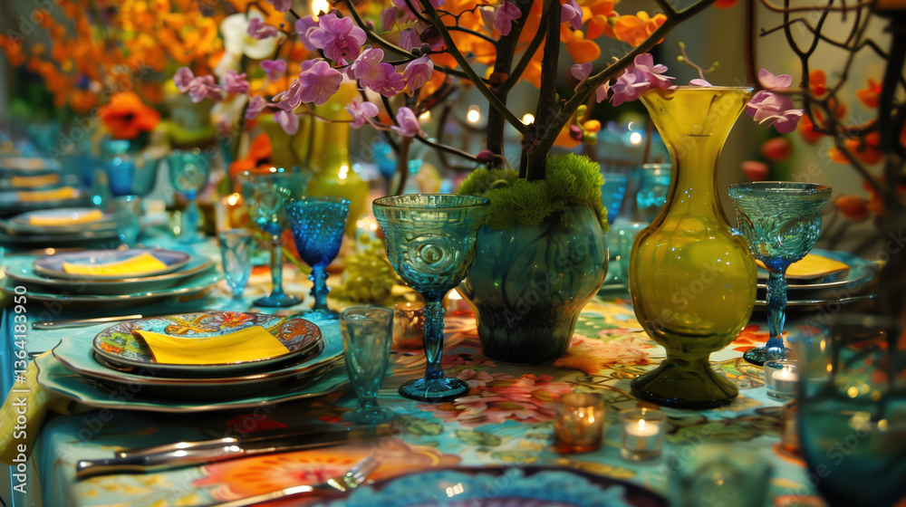 Fototapeta premium A beautifully arranged wedding reception table with pastel floral centerpieces, elegant glassware, and soft candlelight, creating a romantic atmosphere.