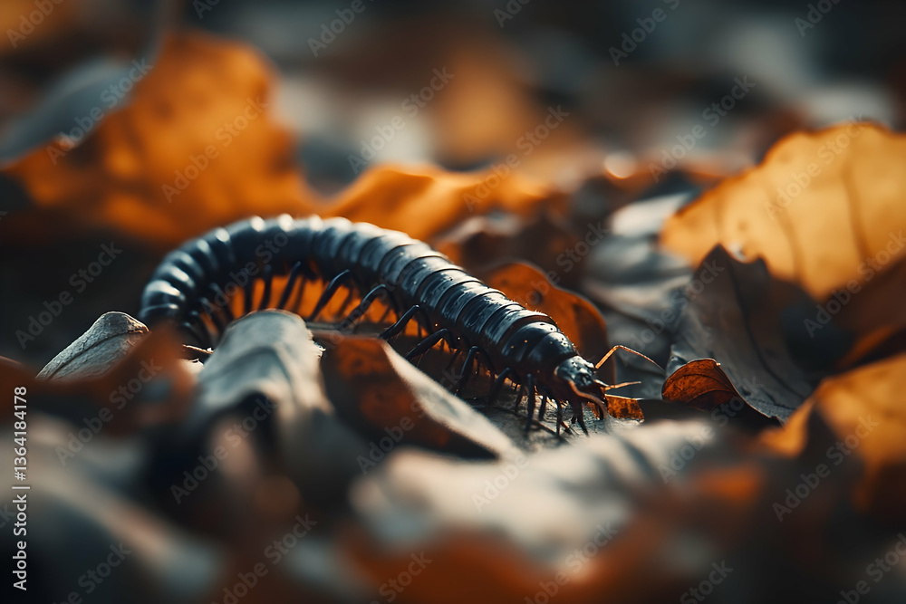 Fototapeta premium Millipede Crawling on Fallen Autumn Leaves in a Forest Macro Shot