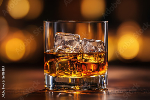 Glass of whiskey with ice on the rocks against a dark background, illuminated by a warm light, creating a cozy and inviting atmosphere. photo