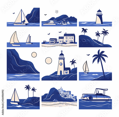 Coastal Escapades: Illustrated coastal scenes showcase a serene collection, blending water, sky, and architecture. Featuring sailing boats, lighthouses, and tropical motifs