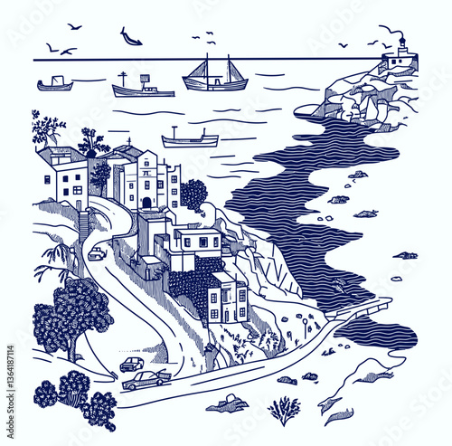 Coastal Town Illustration: A picturesque coastal town illustration featuring quaint buildings, winding roads, boats sailing on the sea, and cliffs along the coastline.