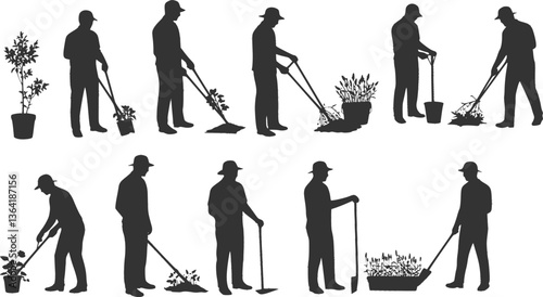 Gardening people set, spring -modern flat vector concept illustration of man doing hobby garden work -watering, planting, cutting, hoeing, arranging Spring gardening concept