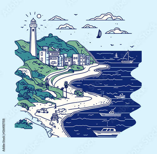 Coastal Serenity: A quaint coastal town, embraced by the soothing embrace of the ocean, unfolds, lighthouse stands sentinel over a scenic expanse of rolling hills, roads winding towards the shore.
