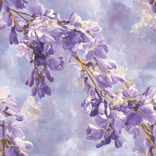 Jacaranda flowers in seamless pattern with soft purple tones and textured background