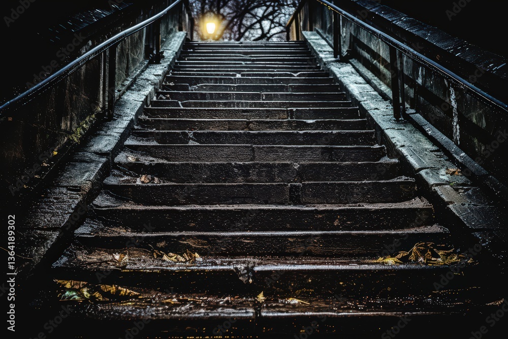 Obraz premium A dimly lit staircase leads upwards, flanked by metal railings, with a glowing lamp at the top, evoking a mysterious and atmospheric setting.