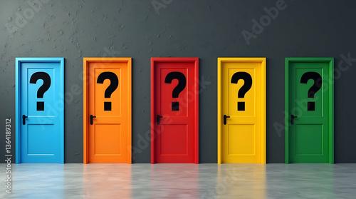 Colorful doors with question marks representing the challenging decision making process of choosing the right career, Photo Illustration Image Picture Photography 