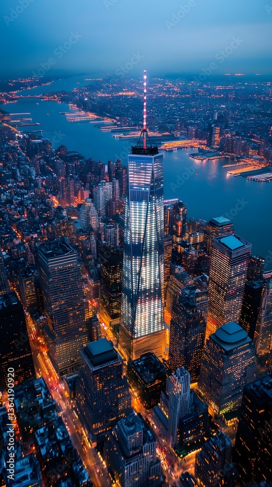 Fototapeta premium Aerial photograph showing the illuminated city skyline at twilight time
