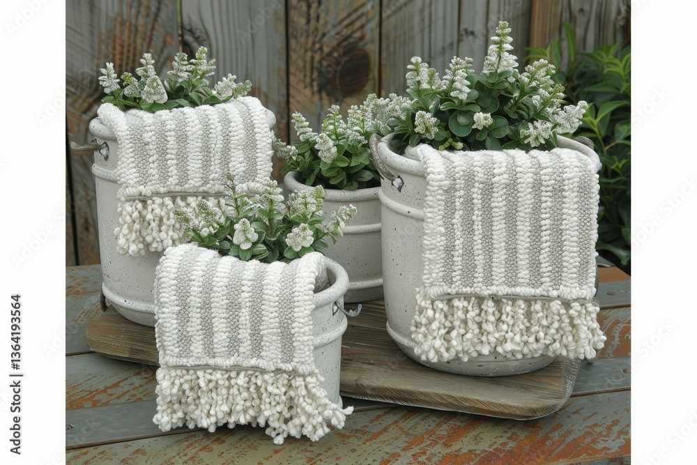 Fototapeta premium Charming decorative pots filled with greenery, adorned with textured fabric accents, set against a rustic wooden backdrop.