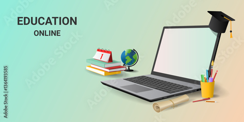 Online education on laptop with Digital Classroom. Online training courses, Digital Library. Back to school. Graduation. Banner, website, graphic design, Landing page template. 3d vector illustration