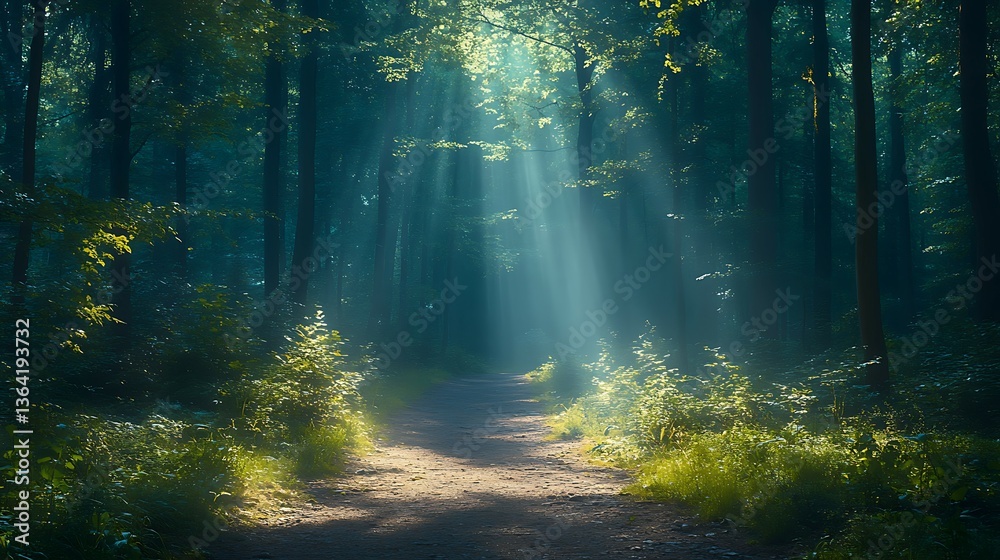 Fototapeta premium Mysterious forest with fog and sunlight.