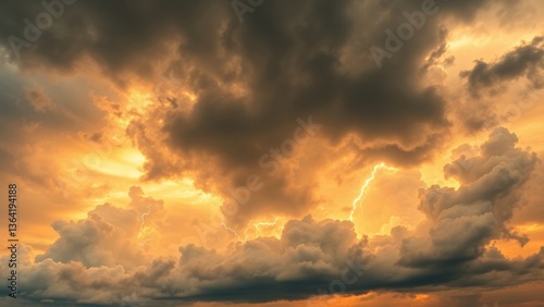 Wallpaper Mural Gray yellow orange sky with clouds view. Dramatic skies background with space for design. Dark gloomy storm clouds. Lightning fire bright flash explosion in the sky. Armageddon, horror, scary, creepy. Torontodigital.ca